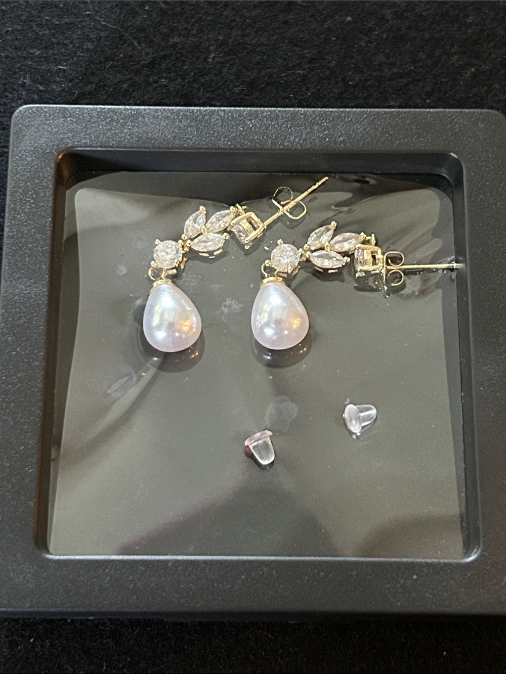 Gold Pearl Teardrop Drop Earrings with Crystal Accents